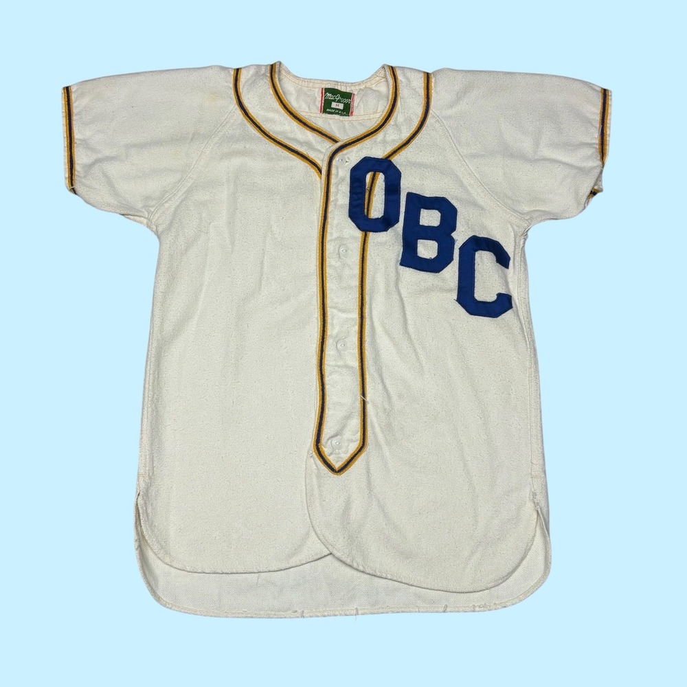 Vintage MacGregor OBC Baseball Jersey Mens Medium White Blue Yellow USA Made 8